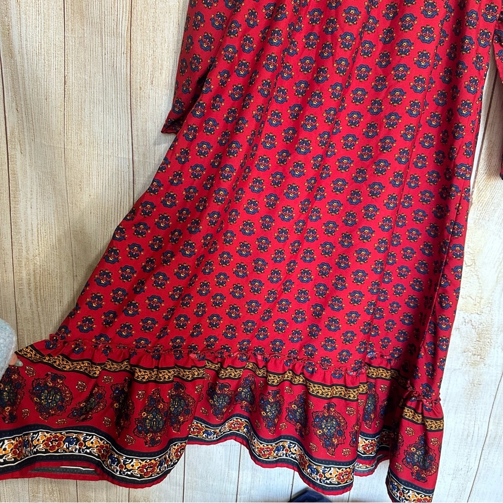 Off Shoulder Red Blue Boho Ruffle Maxi Dress Size Large - Picture 2 of 5